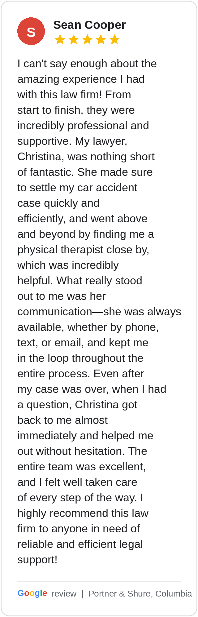 Google review, Sean Cooper, 5 stars